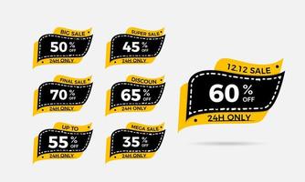 grande saldi, super saldi, finale saldi, sconto saldi, mega vendita e 12.12 vendita banner design. nero e giallo vendita tag adesivi vettore