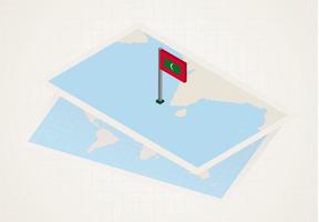 Maldive selezionato su carta geografica con isometrico bandiera di Maldive. vettore