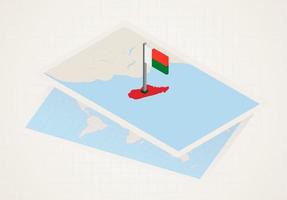 Madagascar selezionato su carta geografica con 3d bandiera di Madagascar. vettore