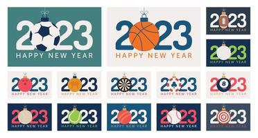 2023 nuovo anno e Natale sport bandiera impostare. collezione di Natale saluto carta con sport palla come un' natale palla su sfondo con numero 2023. vettore illustrazione impostato