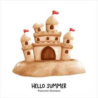 Ciao estate, sabbia castello acquerello. vettore illustrazione