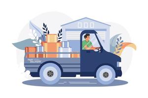 consegna uomo consegnare multiplo pacchi su il consegna carrello illustrazione concetto su bianca sfondo vettore