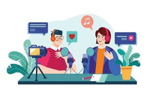 uomo e donna registrazione un' Podcast conversazione illustrazione concetto. piatto illustrazione isolato su bianca sfondo vettore