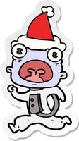 etichetta cartone animato di un' strano alieno in esecuzione lontano indossare Santa cappello vettore