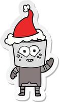 cartone animato adesivo felice di un robot che saluta con un cappello da Babbo Natale vettore
