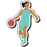 illustrazione etichetta, pallacanestro ragazza in posa dribbling vettore