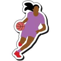 illustrazione etichetta, pallacanestro ragazza in posa dribbling vettore