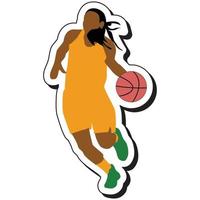 illustrazione etichetta, pallacanestro ragazza in posa dribbling vettore