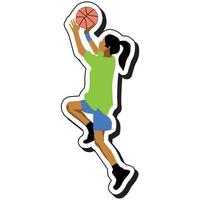 illustrazione etichetta, pallacanestro ragazza posa saltare gettare palla vettore