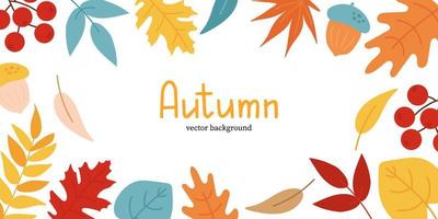 autunno sfondo con foglie, ghiande e Rowan frutti di bosco. semplice cartone animato piatto stile. bandiera design vettore