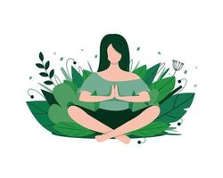 donna Meditare nel natura. concetto illustrazione per yoga, meditazione, rilassamento, salutare stile di vita. design per pubblicità, striscione, volantino, invito per spirituale la pratica. vettore illustrazione, piatto