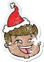 contento afflitto etichetta cartone animato di un' maschio viso indossare Santa cappello vettore