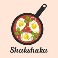 shakshuka - tradizionale ebraico piatto fatto con uova, pomodori e cipolle. cartone animato vettore illustrazione.