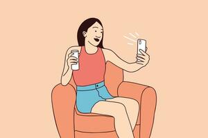 illustrazioni di bellissimo femmina vlogger approvato prodotti con Telefono a casa influencer vettore