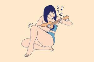 illustrazioni di bellissimo giovane donne giocando il ukulele nel il spiaggia su estate vettore