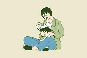 illustrazioni bellissimo giovane donna lettura libro nel biblioteca vettore
