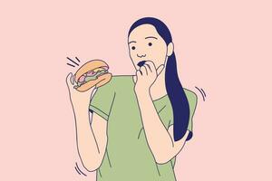 illustrazioni bellissimo giovane donna mangiare un' hamburger all'aperto vettore