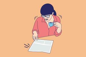 illustrazioni di bellissimo giovane donna lettura un' giornale con Tenere un' tazza caffè vettore