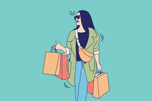 illustrazioni di bellissimo sorridente ragazza con vita Borsa detiene colorato shopping borse vettore