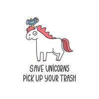 Salva unicorni raccogliere su il tuo spazzatura illustrazione. riciclare concetto con cartone animato animale. vettore