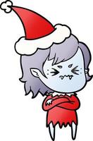 cartone animato a gradiente infastidito di una ragazza vampira che indossa il cappello di Babbo Natale vettore