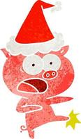 retrò cartone animato di un' maiale urlando e calciando indossare Santa cappello vettore