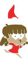 illustrazione a colori piatta di una ragazza che fischietta che indossa un cappello da Babbo Natale vettore