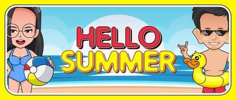 Ciao estate bandiera con carino cartone animato personaggio di ragazzo e ragazza su il spiaggia vettore