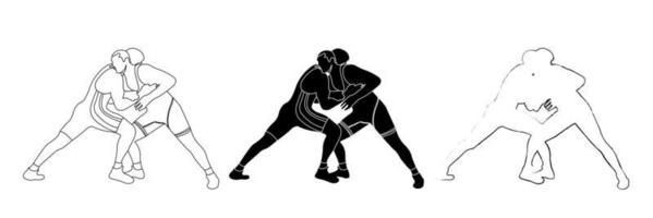 contorno schizzo silhouette in bianco e nero di un atleta lottatore nel wrestling, holding, grappling. doodle disegno a tratteggio in bianco e nero. vettore