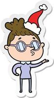 adesivo cartone animato di una donna con gli occhiali che indossa il cappello di Babbo Natale vettore