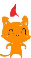 illustrazione a colori piatta di un gatto felice che indossa il cappello di Babbo Natale vettore