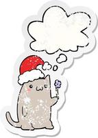 simpatico cartone animato gatto di Natale e bolla di pensiero come adesivo consumato in difficoltà vettore