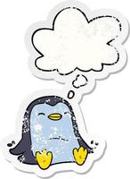 cartone animato pinguino e bolla di pensiero come un adesivo consumato in difficoltà vettore