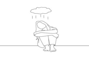 illustrazione di panico attacchi giovane ragazza triste paura stressante depresso emotivo pianto uso mani coperchio. una linea arte disegno stile vettore