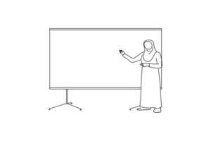 cartone animato di giovane musulmano insegnante indossare hijab vicino lavagna nel moderno aula. spazio per testo. una linea arte disegno stile vettore
