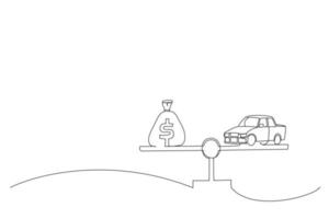 cartone animato di auto e i soldi su bilancia. acquisto auto metafora. singolo continuo linea arte stile vettore