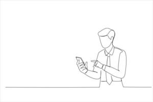 illustrazione di uomo in piedi utilizzando un' mobile Telefono. uno linea arte stile vettore