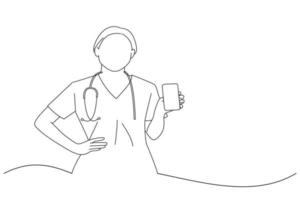 cartone animato di assistenza sanitaria lavoratori e in linea medicina medico, infermiera nel scrub mostrando smartphone schermo mostrando Internet appuntamento app. linea arte stile vettore