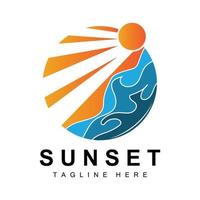 tramonto spiaggia logo disegno, paesaggio marino illustrazione, rosso giorno vacanza individuare vettore