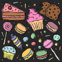 dolci e caramella icone. dolci sfondo. scarabocchio vettore illustrazione con dolci e caramella