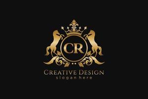 iniziale cr retrò d'oro cresta con cerchio e Due cavalli, distintivo modello con pergamene e reale corona - Perfetto per lussuoso il branding progetti vettore