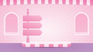 carino rosa cartello stradale con podio su dolce pastello rosa mattone parete con tenda e finestra sfondo 3d illustrazione vettore scena per mettendo il tuo oggetto nel carino Femminile urbano tema