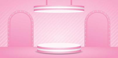rosa a strisce podio Schermo palcoscenico con sospeso soffitto e lampadina arco fondale su dolce pastello rosa pavimento e parete 3d illustrazione vettore per mettendo bellezza e cosmetico Prodotto