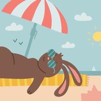 mano disegnato estate paesaggio con un' carino coniglietto nel occhiali da sole su il spiaggia, dire bugie su a strisce asciugamani sotto parasole. isolato oggetti. design concetto bambini. vettore piatto illustrazione.