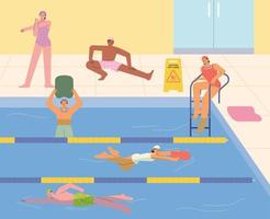 persone siamo nuoto nel un interno piscina. piatto design stile vettore illustrazione.