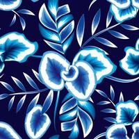 leggero blu tropicale fogliame senza soluzione di continuità modello con pianta e le foglie su buio sfondo. floreale sfondo. botanico sfondo. giungla sfondo. natur decorativo. notte illustrazione. autunno. estate vettore