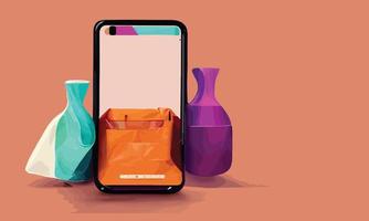 in linea shopping o consegna concetto illustrazione 3d vettore mostrare carrello, borse e scatole. moderno di moda design luminosa colori su smartphone
