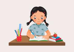 carino poco ragazza seduta su il scrivania studiando scrittura su taccuino fare sua compiti a casa a casa vettore