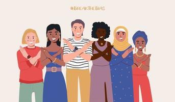 un gruppo di donne di diverse nazionalità con le mani incrociate. rompere la campagna di pregiudizi. giornata internazionale della donna. movimento contro la discriminazione e gli stereotipi. vettore