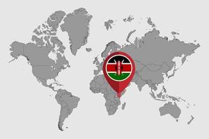 mappa pin con bandiera kenya sulla mappa del mondo. illustrazione vettoriale. vettore